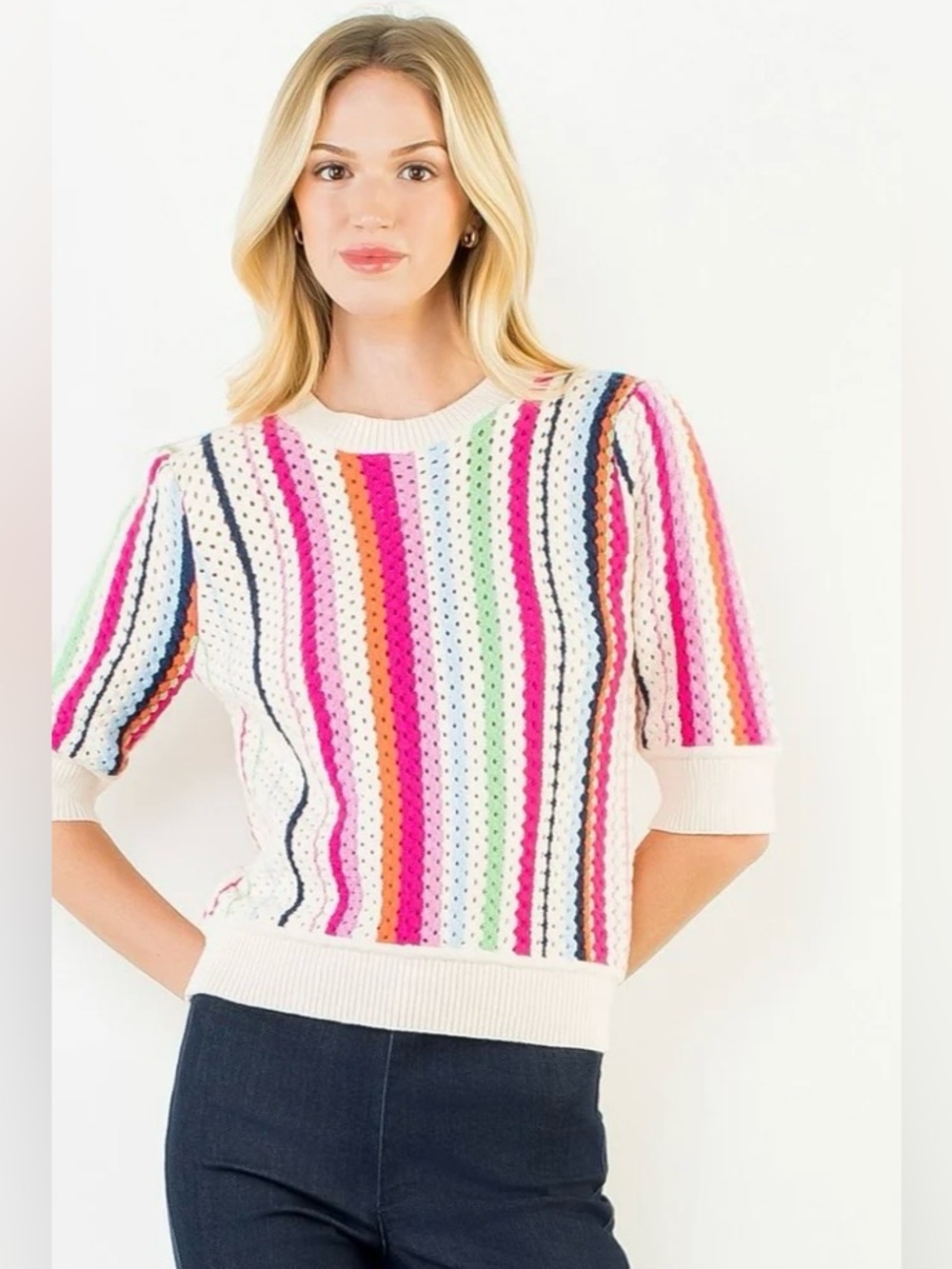 Anthropologie THML Cream Short-Sleeve Sweater with Rainbow Stripes